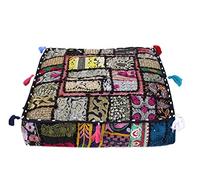 CRAFT KALA Indian Square Patchwork Traditional Pouf Cover Indian Living Room Poufs Decorative Embroidered Designer Ottoman Home Living Footstool Chair Cover Decor Pillow Cover 22x22x5 inches, Black