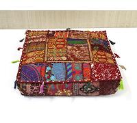CRAFT KALA Indian Square Patchwork Traditional Pouf Cover Indian Living Room Poufs Decorative Embroidered Designer Ottoman Home Living Footstool Chair Cover Decor Pillow Cover 16x16x5 inches, Brown