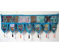 CRAFT KALA Indian Vintage Patchwork Door Cotton Bohemian Ethnic Topper Valances Window Valances Wall Hanging Boho Home Decor Hand Embroidered Toran Hippie Living Room Decor (Sky Blue, 1 Meter)