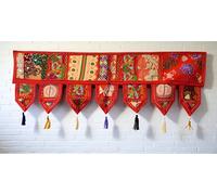 CRAFT KALA Indian Vintage Patchwork Door Cotton Bohemian Ethnic Topper Valances Window Valances Wall Hanging Boho Home Decor Hand Embroidered Toran Hippie Living Room Decor (Orange, 1 Meter)