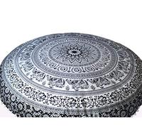 CRAFT KALA Large Hippie Floor Pillow Cover Mandala Meditation Cushion Case Pouf Cover Round Poufs Cover Bohemian Floor Cushion Cover Outdoor Fireplace Yoga Living Room Decor 32" Black Silver Elephant