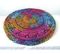 CRAFT KALA Mandala Floor Pillow Cushion Cover Seating Throw Cover Hippie Decorative Bohemian Ottoman Poufs Pom Pom Pillow Cases Boho Indian Cotton Living Room Yoga Home Décor 35" Round, Multi Elephant