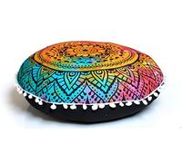 CRAFT KALA Round Mandala Boho Pillow Cover Meditation India Room Seating Poufs Cover for Living Room Yoga Home Décor Bedroom Balcony Garden Decoration Cotton Floor Cushion Cover 22", Multi Flower