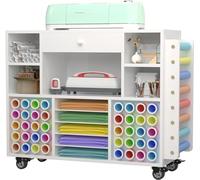 Craft organization and storage Cart Compatible with Cricut Machine, Rolling Craft Organizer with large drawer & 48 Vinyl Roll Holder, Crafting Cabinet Table Workstation for Craft Room Home