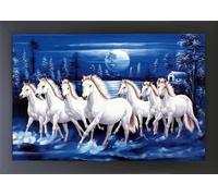 CRAFT QUEST Seven Lucky Running Vastu Horses Art Framed Painting with Acrylic glass (Ocean Blue)