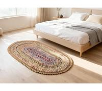 Craft Trade Chindi Jute Area Rug Braided Hand Woven Boho Rag Rug Reversible Colorful Home Decor Farmhouse Carpet Rug for Kitchen Living Room and Bedroom - Oval 90x150 cm