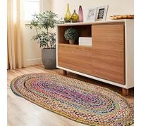Craft Trade Hand Woven Chindi Jute Braided Rug Multicolor Natural Reversible Boho Entry Area Rugs for Kitchen Living Room Farmhouse Decorative (3x5 ft, Oval)