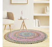 Craft Trade Hand Woven Chindi Jute Rag Rug Multicolor Reversible Jute Area Rug Braided Farmhouse Living Room, Outdoor, Kitchen Bedroom Chindi Rug (5', Round)