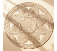 Craft Trade Natural Tikki Jute Round Circle Rug Hand Woven Braided Reversible Boho Rustic Sisal Area Rugs for Living Room Bedroom Home Decor Farmhouse Carpet - Round 5 Feet