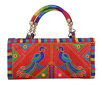 Craft Trade Peacock Red Clutch Purse for Women Rajasthani Hand Embroidered Mini Hand Bag Women's Cluches for Wedding Party Gifts