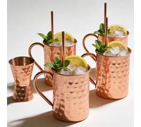 Craft Trade Pure Copper Moscow Mule Mug with 4 Straw and 1 Glass Natural Hammered Copper Cups for Great Dining Entertaining Bar and Living Room - Set of 4