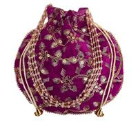 Craft Trade Women's Cotton Embroidered Potli Bag with Drawstring and Pearl Handle Pouch Golden Work Ladies Purse for Bridal, Pink, M