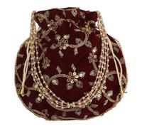 Craft Trade Women's Cotton Embroidered Potli Bag with Drawstring and Pearl Handle Pouch Golden Work Ladies Purse for Bridal, Dark Maroon, M