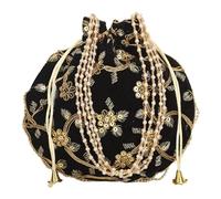Craft Trade Women's Cotton Embroidered Potli Bag with Drawstring and Pearl Handle Pouch Golden Work Ladies Purse for Bridal, Dark Black, M