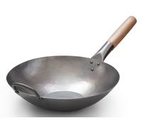 Craft Wok Flat Hand Hammered Carbon Steel Pow Wok with Wooden and Steel Helper Handle (12 Inch, Flat Bottom) / 731W316-12in