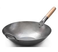 Craft Wok Flat Hand Hammered Carbon Steel Pow Wok with Wooden and Steel Helper Handle (14 Inch, Flat Bottom) / 731W316