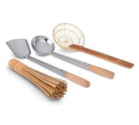 Craft Wok Tools 4 pcs Set: Ladle, Spatula, Strainer, Bamboo Brush/Utensils Traditional Asian Cookware with Wooden Handles / 732W9