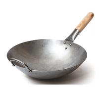 Craft Wok Traditional Hand Hammered Carbon Steel Pow Wok with Wooden and Steel Helper Handle (12 Inch, Round Bottom) / 731W88-12in
