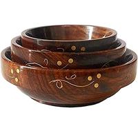 CRAFT ZONE INDIA Wooden Serving Bowl for Soup & Salad Snacks Dry Fruit Sisam Wood with Brass Work Decorated Table (Set of 3) |