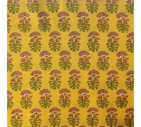 Craftbot Hand Block Print Fabric by The Yard - PRECUT 5 Yards 42 Inch Width - 100% Cotton Material - Yellow Floral Pattern - Light Weight Indian Cloth for Making Summer Dress Tops Indian Fabric etc