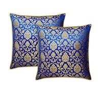 Craftbot Indian Throw Pillow Covers - Royal Blue Gold - Faux Silk Brocade Decorative Pillows - 20x20 - Set of 2 - Damask Pattern - Jacquard Cushion Covers - Luxury Accent Pillows for Bed - Cover only