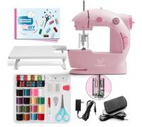CraftBud Mini Sewing Machine for Beginners, Dual Speed, Small Portable Sewing Machine for Kids and Adults, with Extending Table, 48 Piece Gift Set Includes Pedal, Project Book, Light and More, Pink
