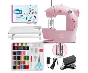 CraftBud Mini Sewing Machine for Beginners, Dual Speed, Small Portable Sewing Machine for Kids and Adults, with Extending Table, 48 Piece Gift Set Includes Pedal, Project Book, Light and More, Pink