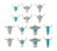 Craftdady 14pcs Cattle Head Turquoise Pendants Antique Silver Ox Horn Cattle Dangle Charms Cute Animal Earring Bracelet Charms for DIY Craft Necklace Jewelry Making 26-41.5 mm