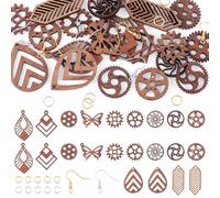 Craftdady 22 pcs Natural Filigree Wood Earring Charms Gear Hexagon Butterfly Leaf Teardrop Walnut Wooden Pendants with 60 Earring Hooks & 60 Jump Rings for DIY Women Boho Earrings Making