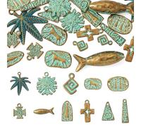 Craftdady 22Pcs Antique Bronze Fish Cross Face Pendants Green Patina Tree Leaf Coin Horse Charms Tibetan Style Dangle Charm Kit 11 Styles for DIY Bracelets Earring Jewelry Making