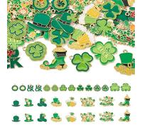Craftdady 30pcs Green Clover Enamel Charms Irish Shamrock Pendants Lucky Three Four Leaf Clover Beer Hat Dangle for St Patrick's Day Necklace Earring Jewelry Making