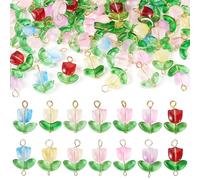 Craftdady 56 Pcs Flower Double-Ended Connector Charms Kit Loose Tulip Glass Pendants Crystal Floral Dangle Charms Golden for Jewelry Making Necklace Bracelet Craft