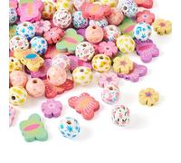 Craftdady 75 Pcs Flower Pattern Printed Wood Beads Round Spray Painted Wooden Beads Bulk Butterfly Bead Charms for Jewellery Making DIY Earrings Bracelet Crafts