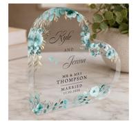 Crafted Memories Personalised Married Heart Acrylic Plaque - Custom Name & Date Keepsake - Teal Floral Acrylic Paperweight Table Decor - Romantic Wedding Day Gift for Couple, Bride & Groom, Mr and Mrs