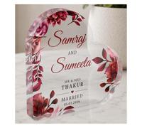 Crafted Memories Personalized Married Heart Acrylic Plaque Keepsake - Custom Names & Date Table Block Decor - Burgundy Floral Freestanding Present for Couple, Bride & Groom, Mr and Mrs