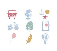 Craftelier - Set of 9 Time Free Themed Mini Dies | Includes Vans, Terracheous Balloon, Marine Objects, Bicycle, Postal Stamp, Monstera Leaf, Balloon, Feather and Air Balloon