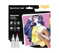 Crafter's Companion Spectrum Noir - Illustrator 12pc Essential Illustration Markers with Dual & Brush Nibs