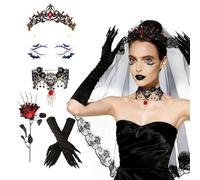 Crafthaven Day of the Dead Costumes for Women, 6Pcs Day of Dead Accessories Halloween Costumes with Day of the Dead Headband Veil, Face Tattoo Lace Gloves Rose, Sugar Skull Costume (Style C)