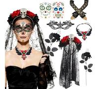 Crafthaven Day of the Dead Costumes for Women, 6Pcs Day of Dead Accessories Halloween Costumes with Day of the Dead Headband Veil, Face Tattoo Lace Gloves Rose, Sugar Skull Costume (StyleB)