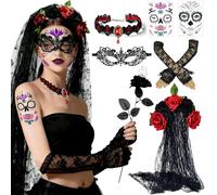 Crafthaven Day of the Dead Costumes for Women, 6Pcs Day of Dead Accessories Halloween Costumes with Day of the Dead Headband Veil, Face Tattoo Lace Gloves Rose, Sugar Skull Costume (Style A)