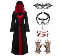 Crafthaven Vintage Witch Dress Costume, 5Pcs Vampire Costume Halloween Costumes for Women, Renaissance Hooded Medieval Dress with Gothic Lace Choker, Halloween Cosplay Fancy Outfits (S)