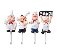 CRAFTHROU 4pcs Chef Shaped Wall Hooks Kitchen Organizer Resin and Stainless Steel Non-Punching Hooks for Storing Small Items and Decorating Your Home