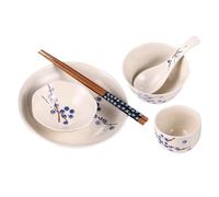 CRAFTHROU Tableware Set Eco-Friendly Ceramic Japanese Style for One Person, 6 Pieces Including Bowl, Plate, Cup, Dish, Spoon, and Chopsticks with Plum Flower Design and Easy to Clean