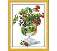 CRAFTiDA Cross Stitch Kits for Adults Beginners Embroidery Kit Pre-Printed Stamped Cross Stitch Kit 11CT 44x56cm DIY Craft Kit (Berries in Wine Glass)
