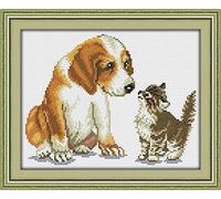 CRAFTiDA Cross Stitch Kits for Adults Beginners Embroidery Kit Pre-Printed Stamped Cross Stitch Kit 11CT 35x29cm DIY Craft Kit (Dog and Cat)