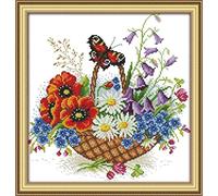 CRAFTiDA Cross Stitch Kits for Adults Beginners Embroidery Kit Pre-Printed Stamped Cross Stitch Kit Flowers 11CT (Flower Basket and Butterfly)