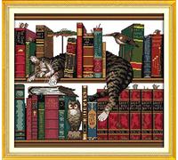 CRAFTiDA Cross Stitch Kits for Adults Pre-Printed Stamped Embroidery Kit 14CT 40x36cm DIY Craft Kit (Cat on The Shelf)
