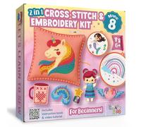 CRAFTILOO 2 in1 Cross Stitch & Embroidery Kit for Kids Ages 6+ Make 8 Projects Backpack Charms, Keyring, Doll, Wall Art, Unicorn Pillow & Card Holder Beginner Needlepoint & Creative Gift Set