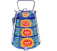 Crafting Love Hand-Painted 3-Tier Stainless Steel Lunch Box - Blue Floral Design Eco-Friendly & Artistic Food Carrier