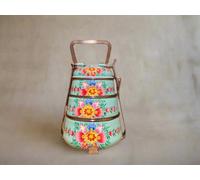 Crafting Love Hand-Painted 3-Tier Stainless Steel Lunch Box - Blue Floral Design Eco-Friendly Tiffin Box